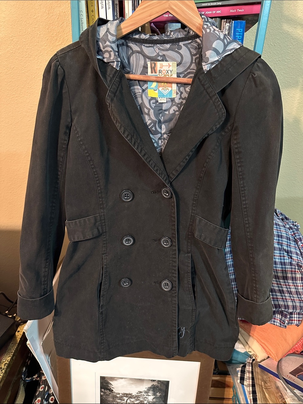 Roxy Washed Black Charcoal Double-Breasted Hooded Peacoat